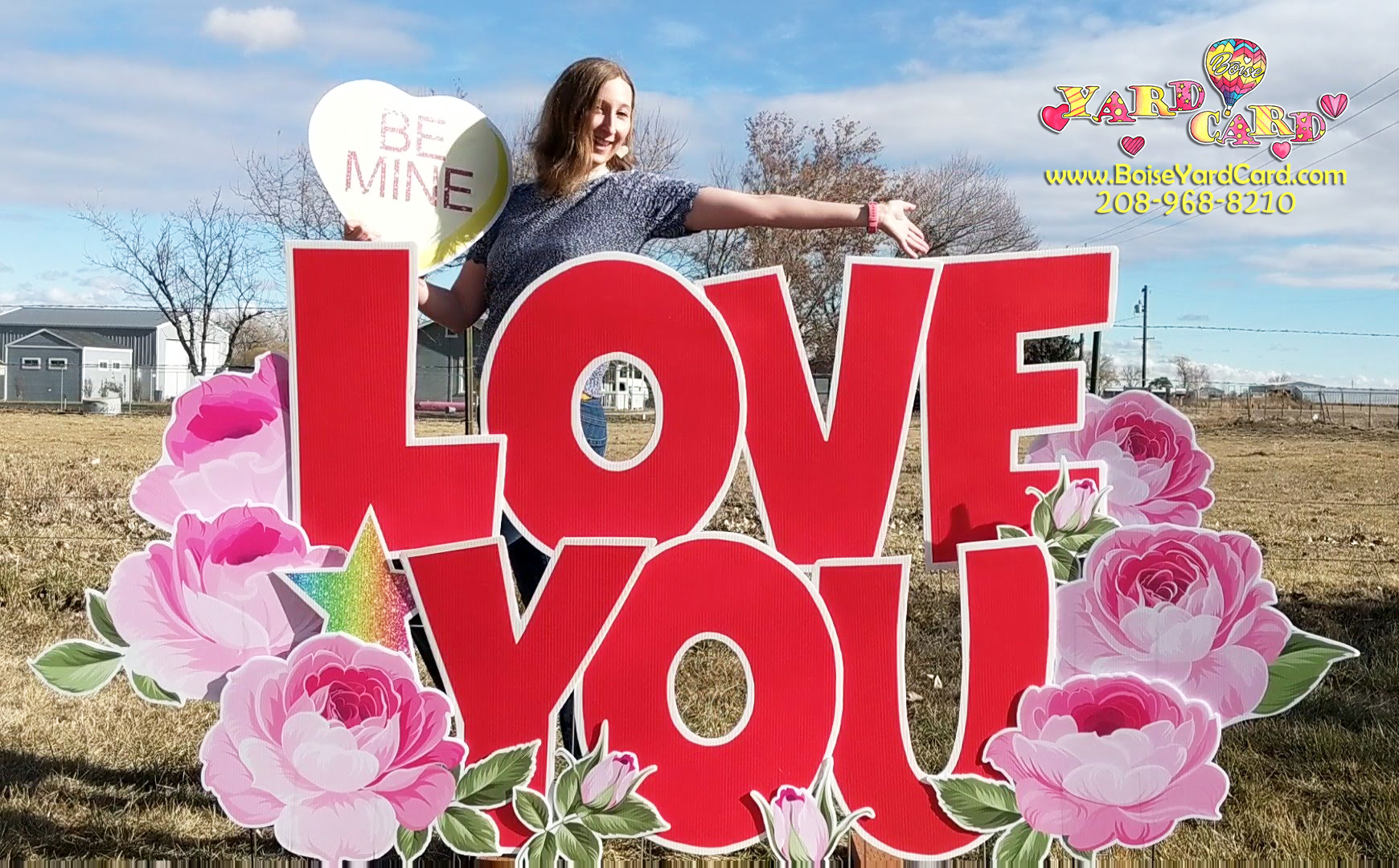 Love You in red and pink Valentine's day lawn greeting Boise Yard Card